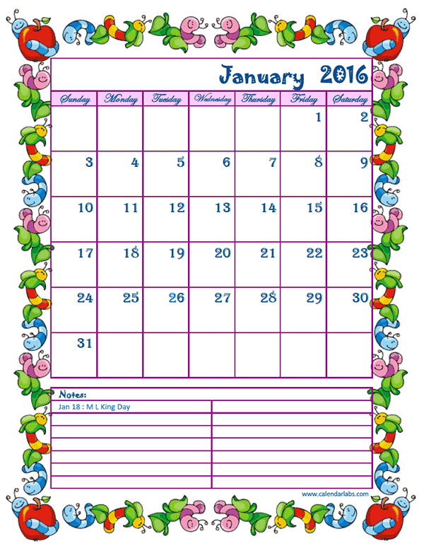 2016 Monthly Calendar Kids Free Printable Templates