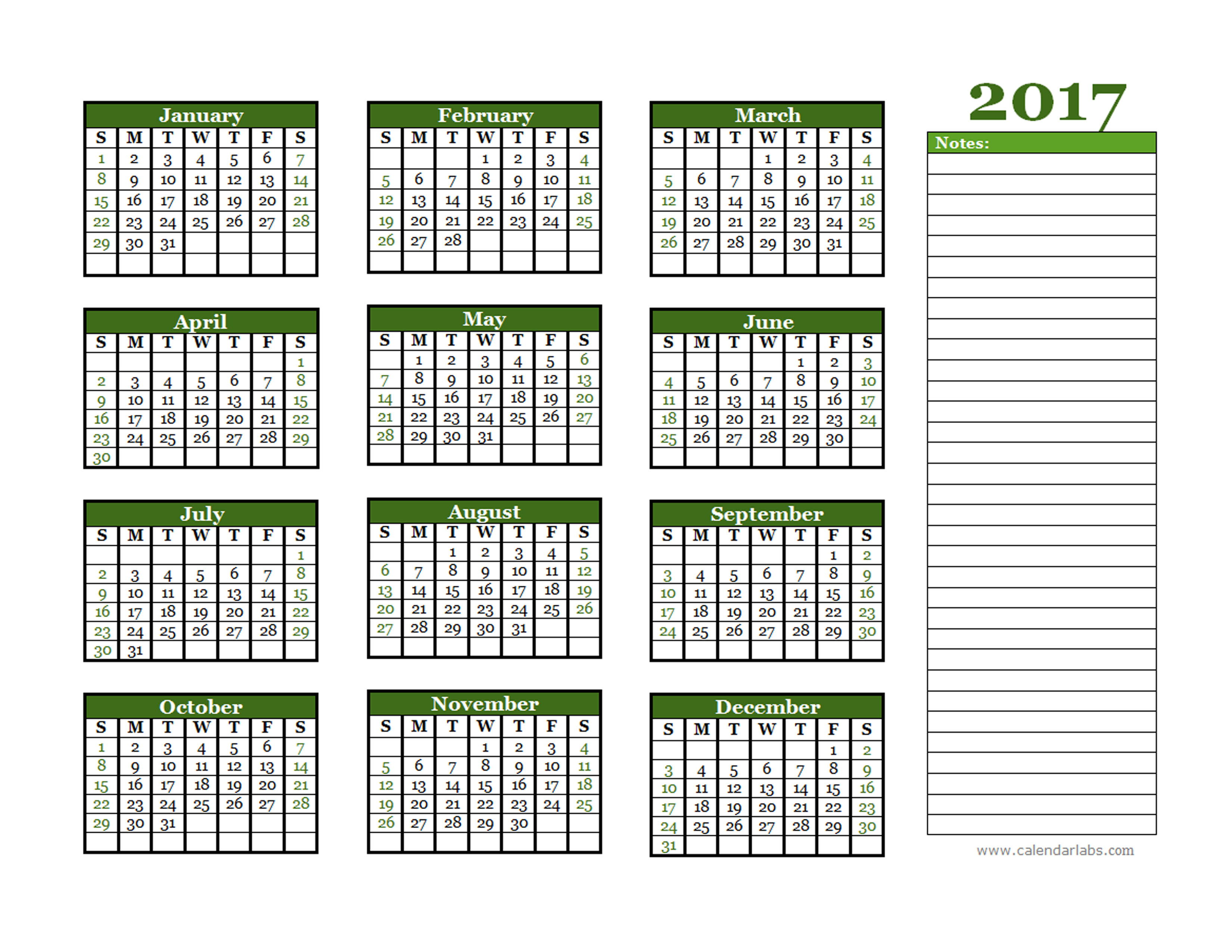 2017 Yearly Calendar With Blank Notes Free Printable Templates Hot 