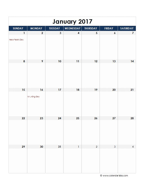 2017 Excel Monthly Calendar Template - Free Printable Templates