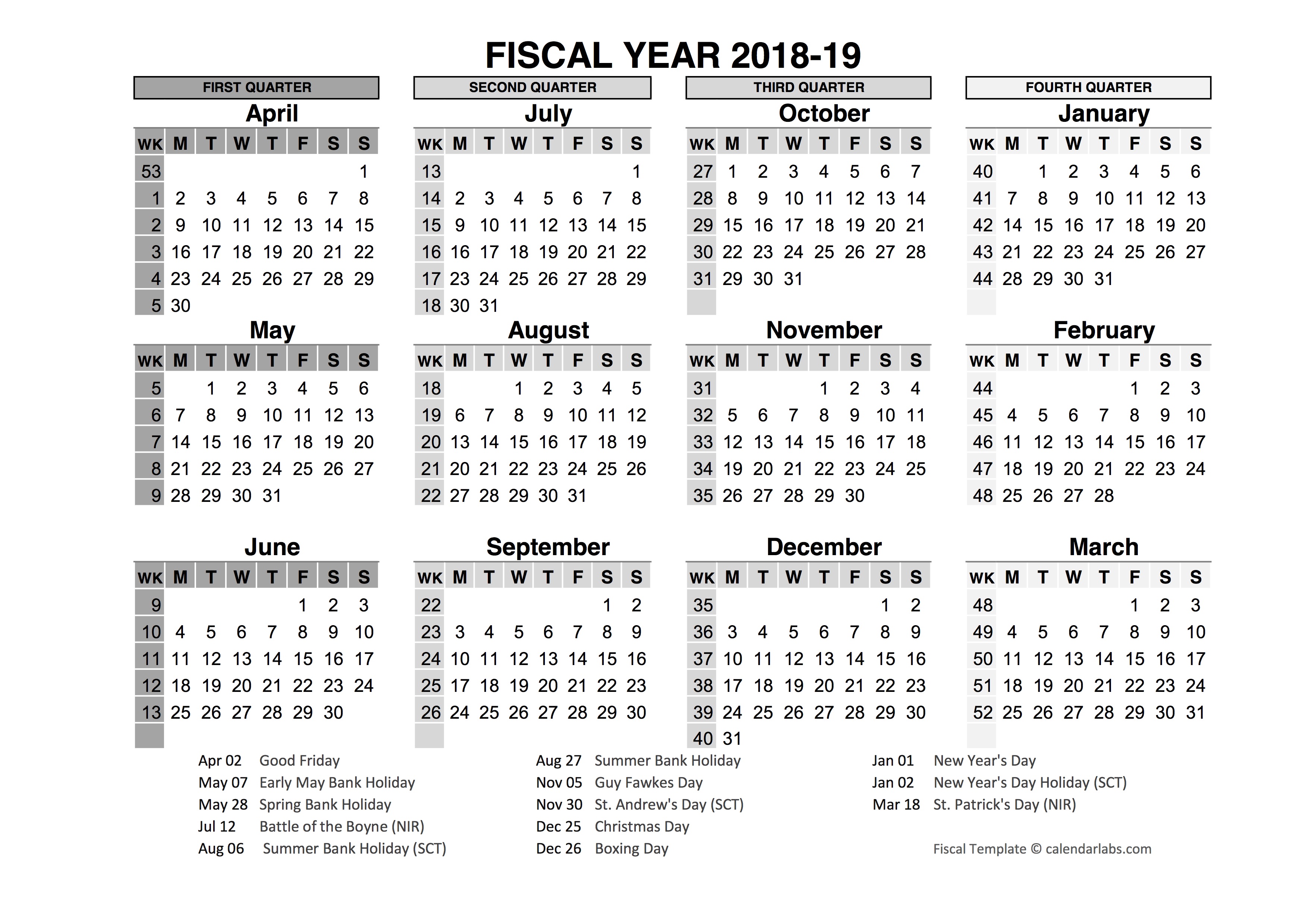 2018 2019 fiscal calendar uk template free printable