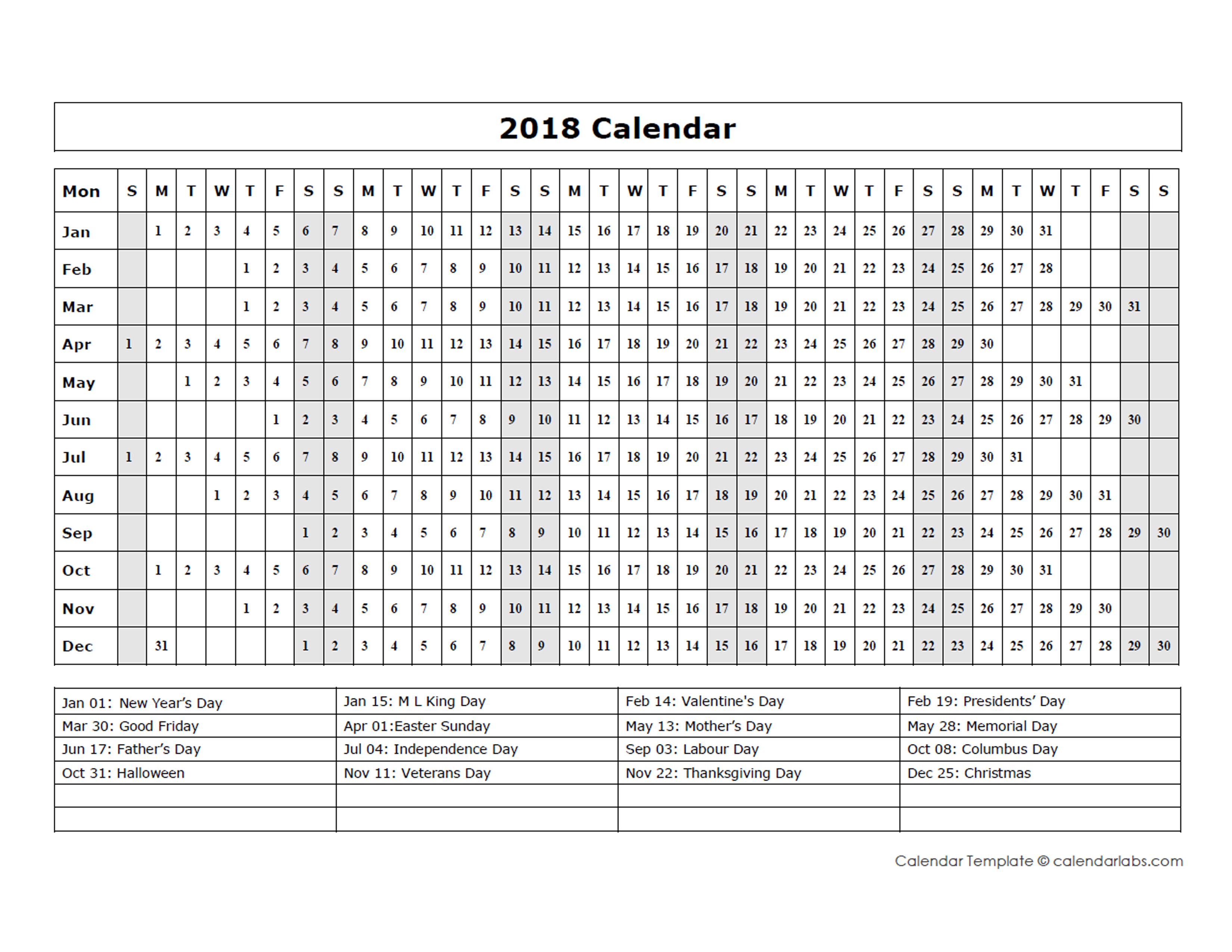2018 Calendar Template Year At A Glance Free Printable