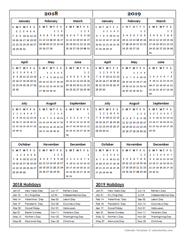 Two Year calendar Template 2018 and 2019