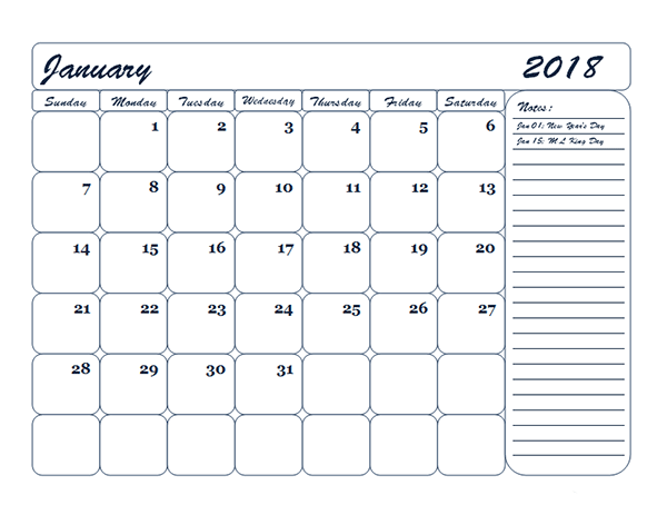 2018 Monthly Calendar Template Printable