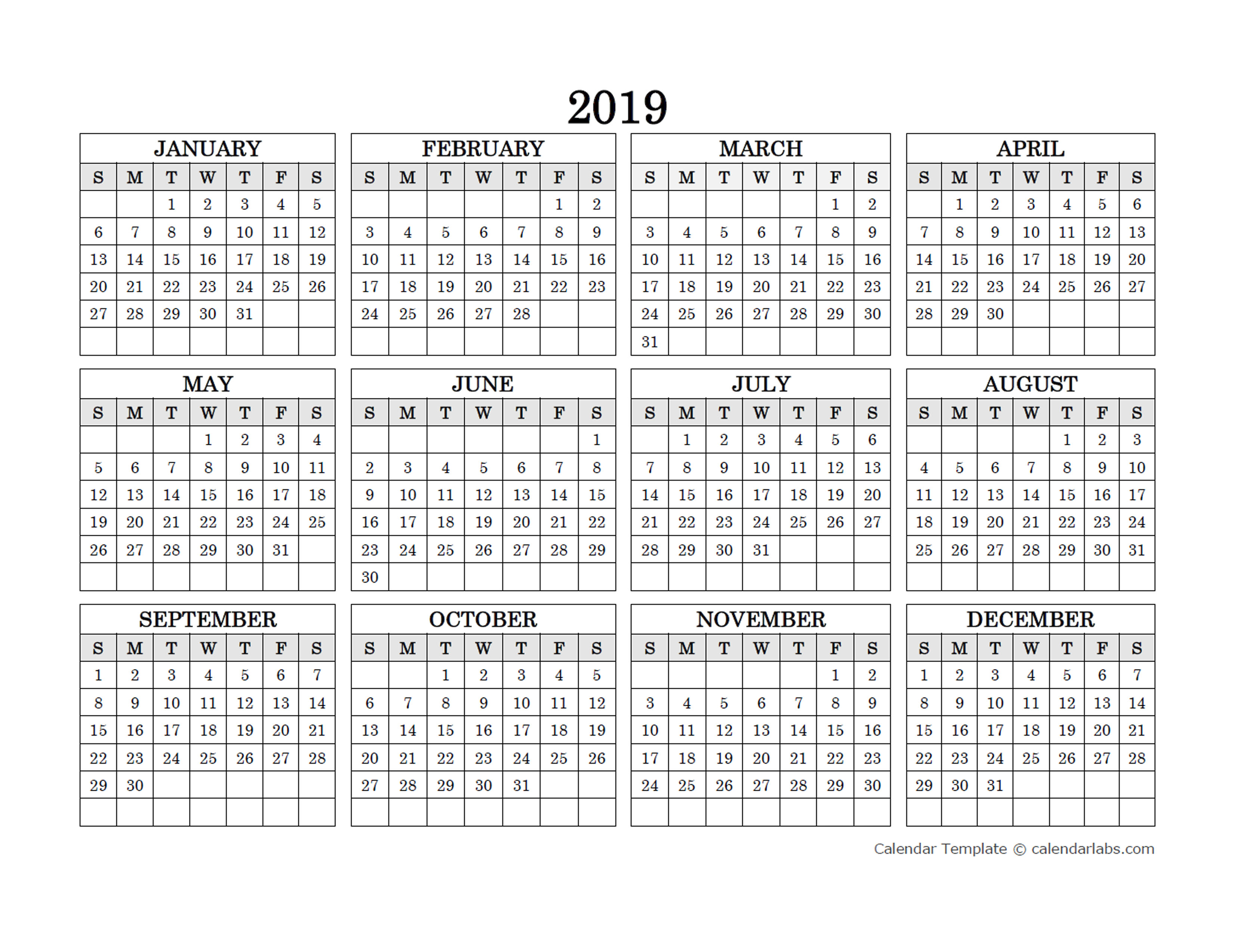 2019 Calendar Printable Free Year At A Glance