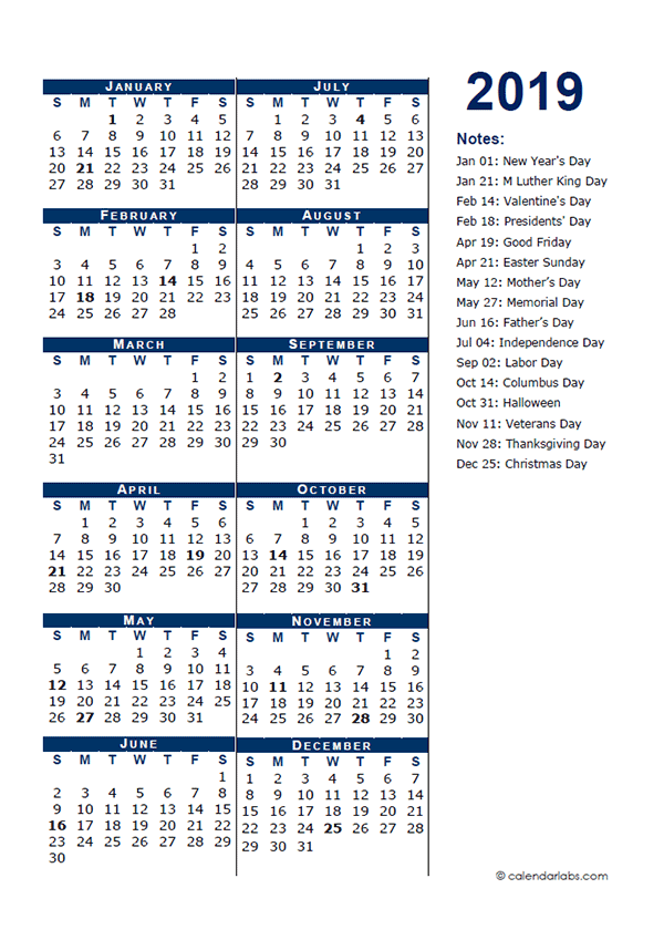 2019 Full Year Calendar Template Half Page Free