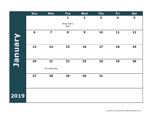 2019 Monthly Calendar Template - Free Printable Templates