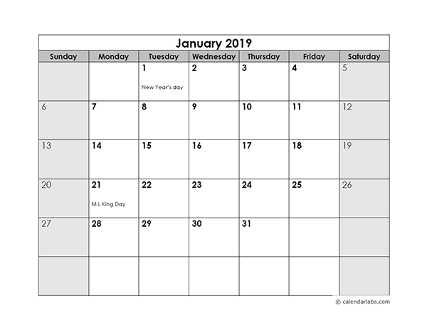 2019 Monthly Calendar With Us Holidays Free Printable Templates