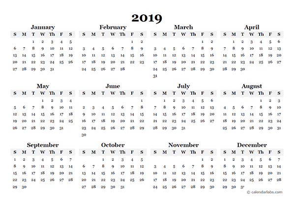 2019 Yearly Blank Calendar Portrait Orientation Free Printable Template ...