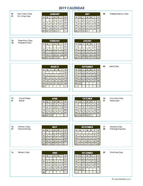 Vertical Blank 2019 Calendar Printable