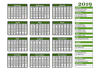 2019 yearly calendar printable