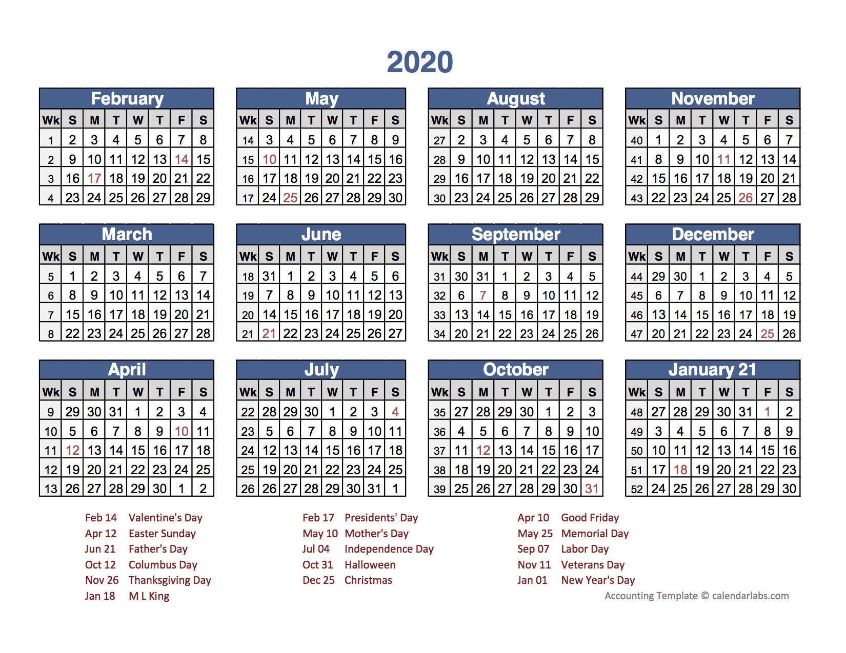 2020 Retail Accounting Calendar 4-4-5 - Free Printable Templates
