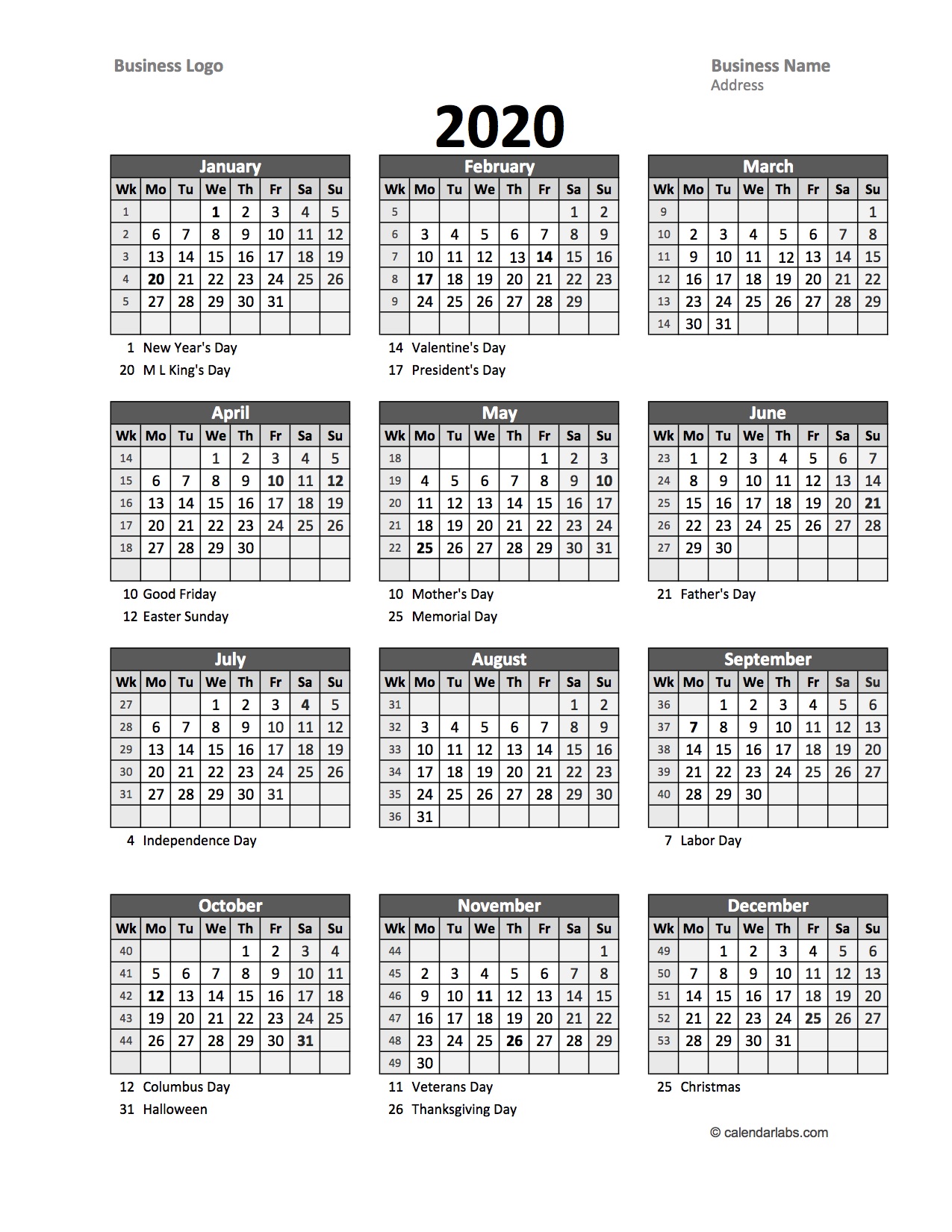 2020 Yearly Business Calendar with Week Number - Free Printable Templates