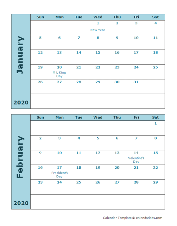 2020 Calendar Template Two Months Per Page