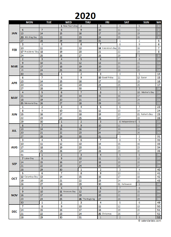 Template Excel Printable Calendar Planner 2020