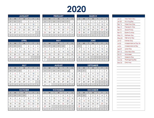 2020 Excel Yearly Calendar - Free Printable Templates