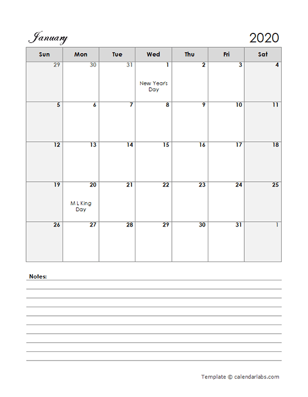 2020 Calendar Template Boxes Free Printable Templates