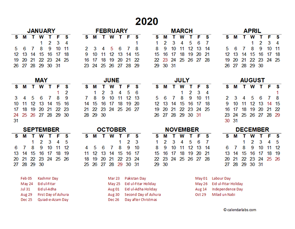 2020 Pakistan Yearly Calendar Template Excel - Free Printable Templates