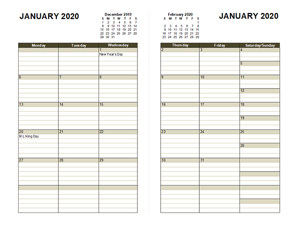 2020 Two Page Monthly Calendar A3 - Free Printable