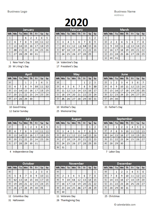 Yearly Business Calendar With Week Number Free Printable Templates