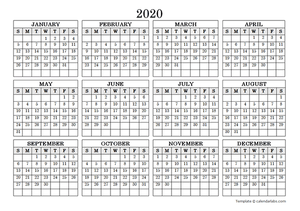 2020 Blank Yearly Calendar Landscape Free Printable
