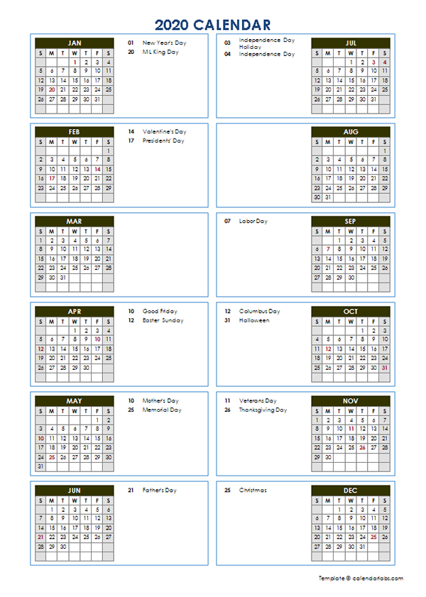 2020 Yearly Calendar Template Vertical Design
