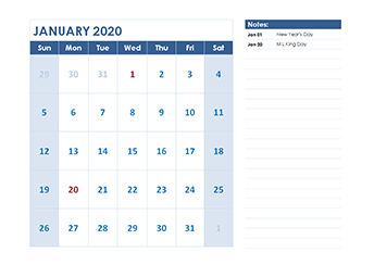 2020 monthly calendar with us holidays