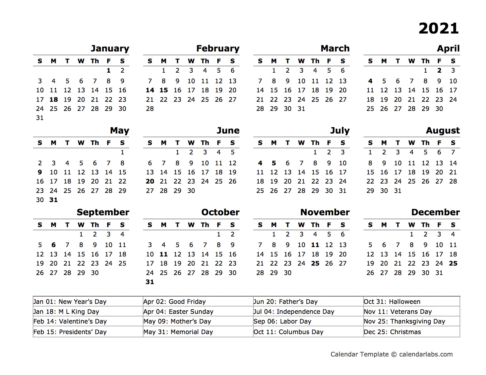 2021 Year Calendar Template with US Holidays - Free Printable Templates