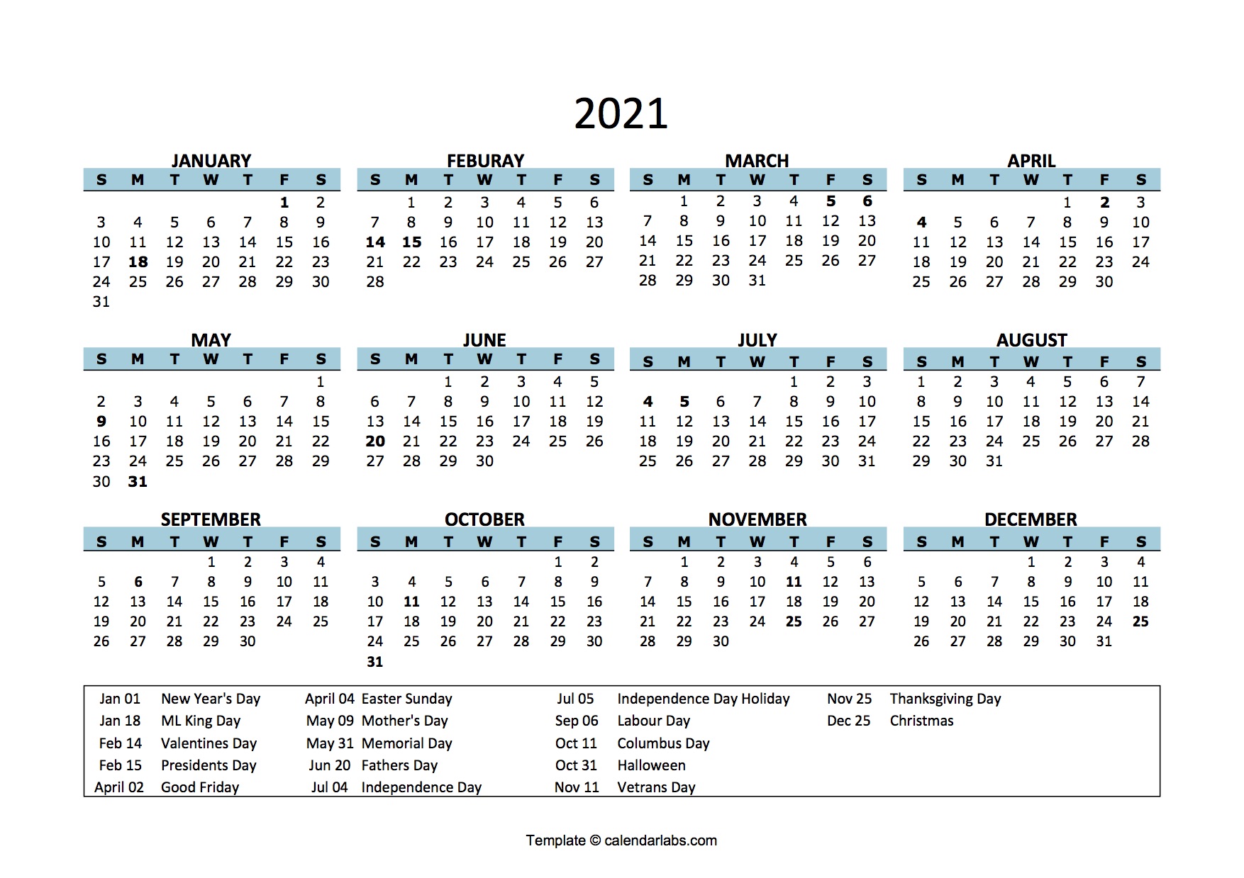 2021 Printable Calendar With Holidays Printable Yearly Calendar Images