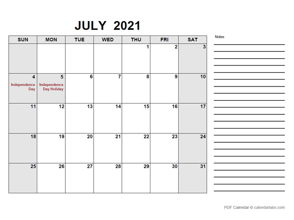 July 2021 Calendar with Holidays | CalendarLabs