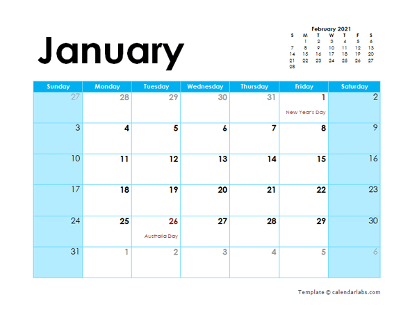 2021 Australia Monthly Calendar Colorful Design