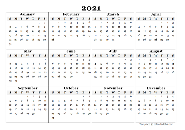 2021 Blank Yearly Word Calendar Template