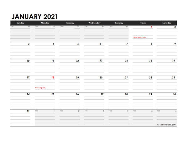 Editable 2021 Monthly Calendar Excel Template