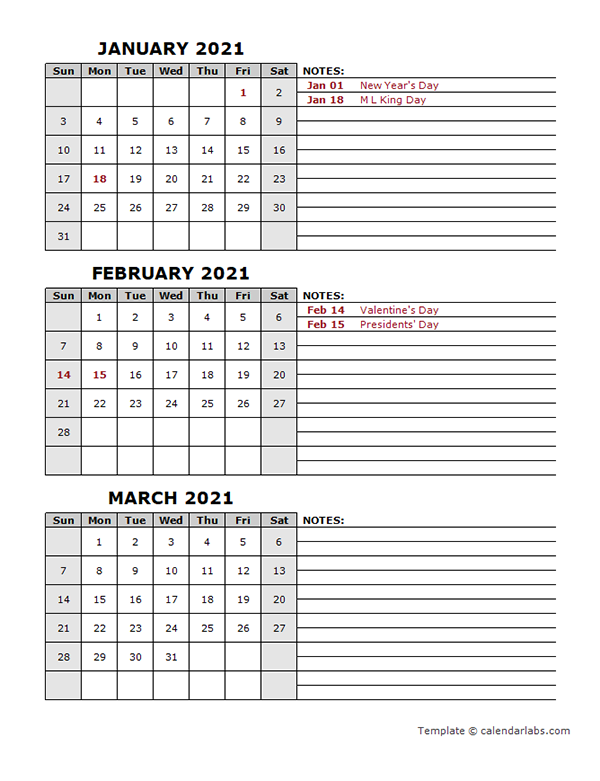 2021 Quarterly Word Calendar With Holidays - Free Printable Templates