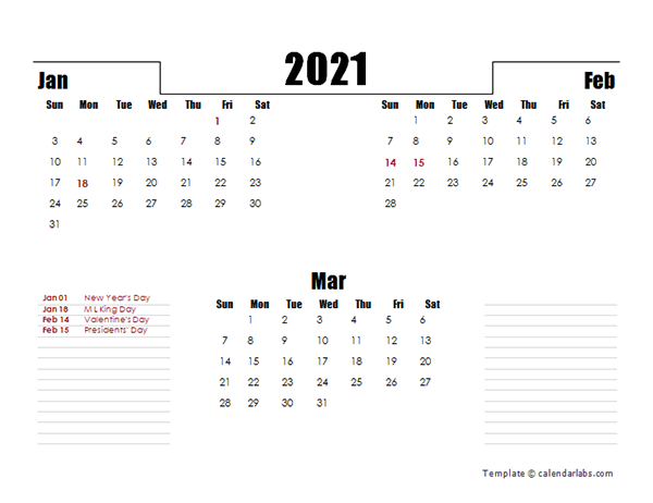 2021 Quarterly Three Month Calendar