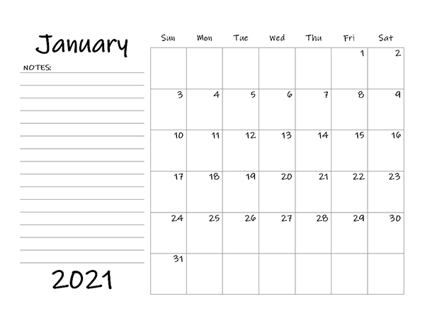 2021 Blank Calendar Template with Notes