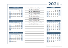 2021 calendar Template 6 months on one page
