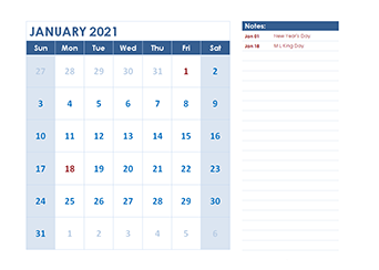 2021 Calendar January Month