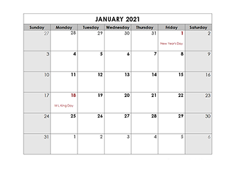 January Calendar 2021 With Holidays