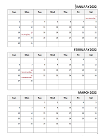 2021 Three Month Calendar Template