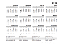2021 yearly calendar template with US holidays