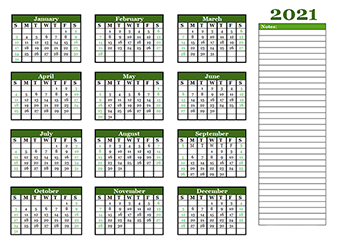 2021 yearly calendar template with blank notes