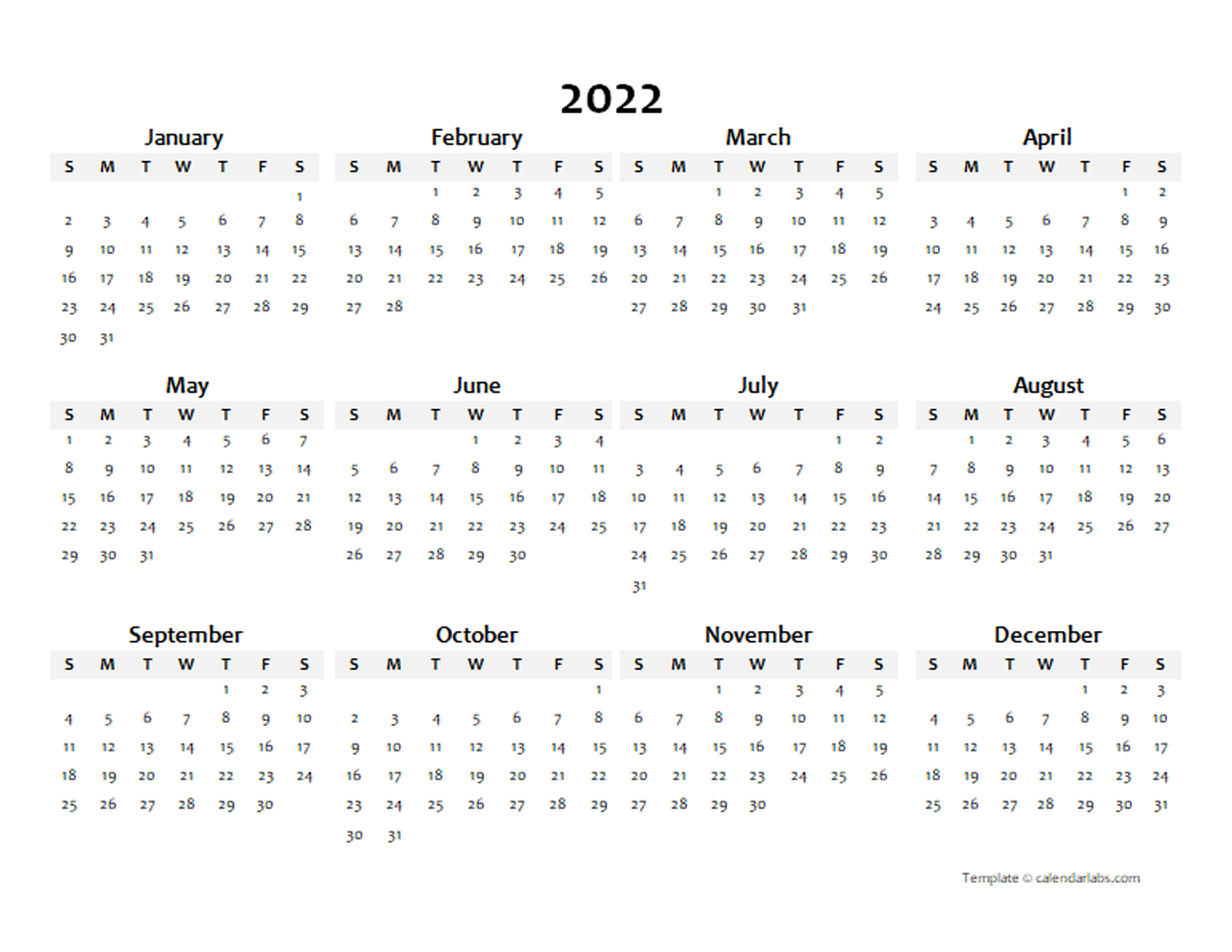 2022 Annual Blank Word Calendar Template - Free Printable Templates