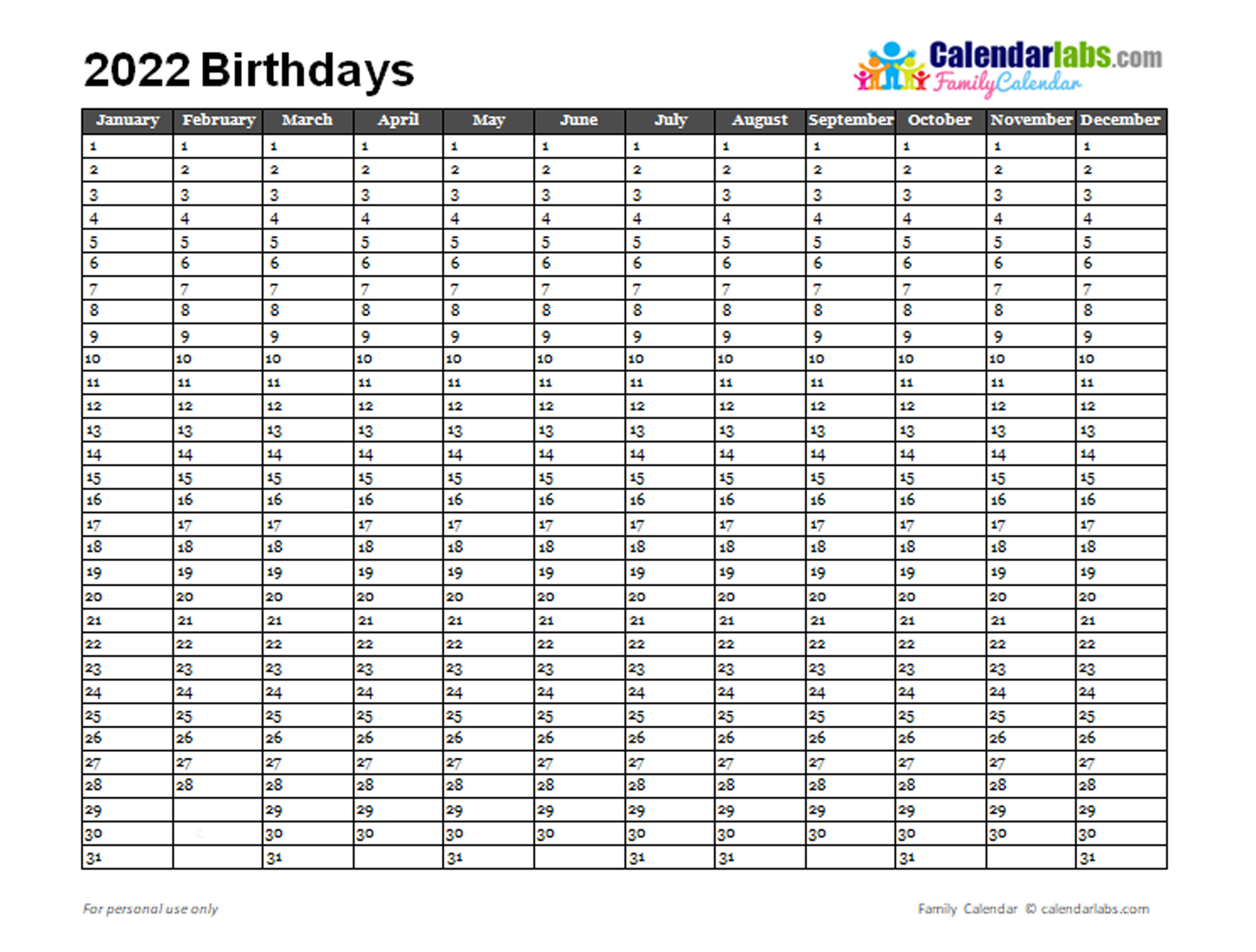 2022 Birthday Calendar Template Free Printable Templates