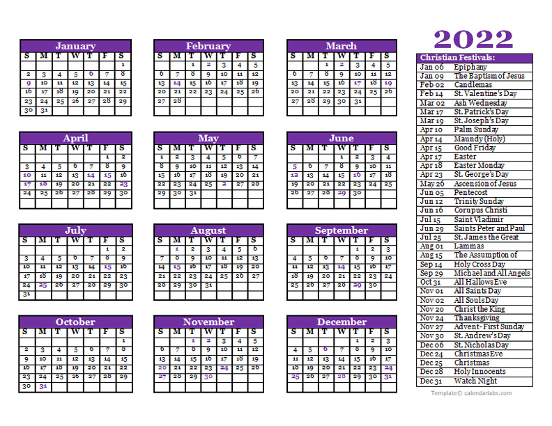 2022 Christian Festivals Calendar Template - Free Printable Templates