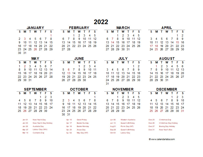 2022 Year At A Glance Calendar Australia Holidays 03 