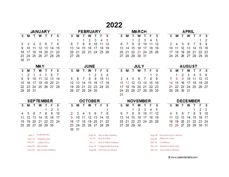 2022 Year at a Glance Calendar with Pakistan Holidays - Free Printable ...