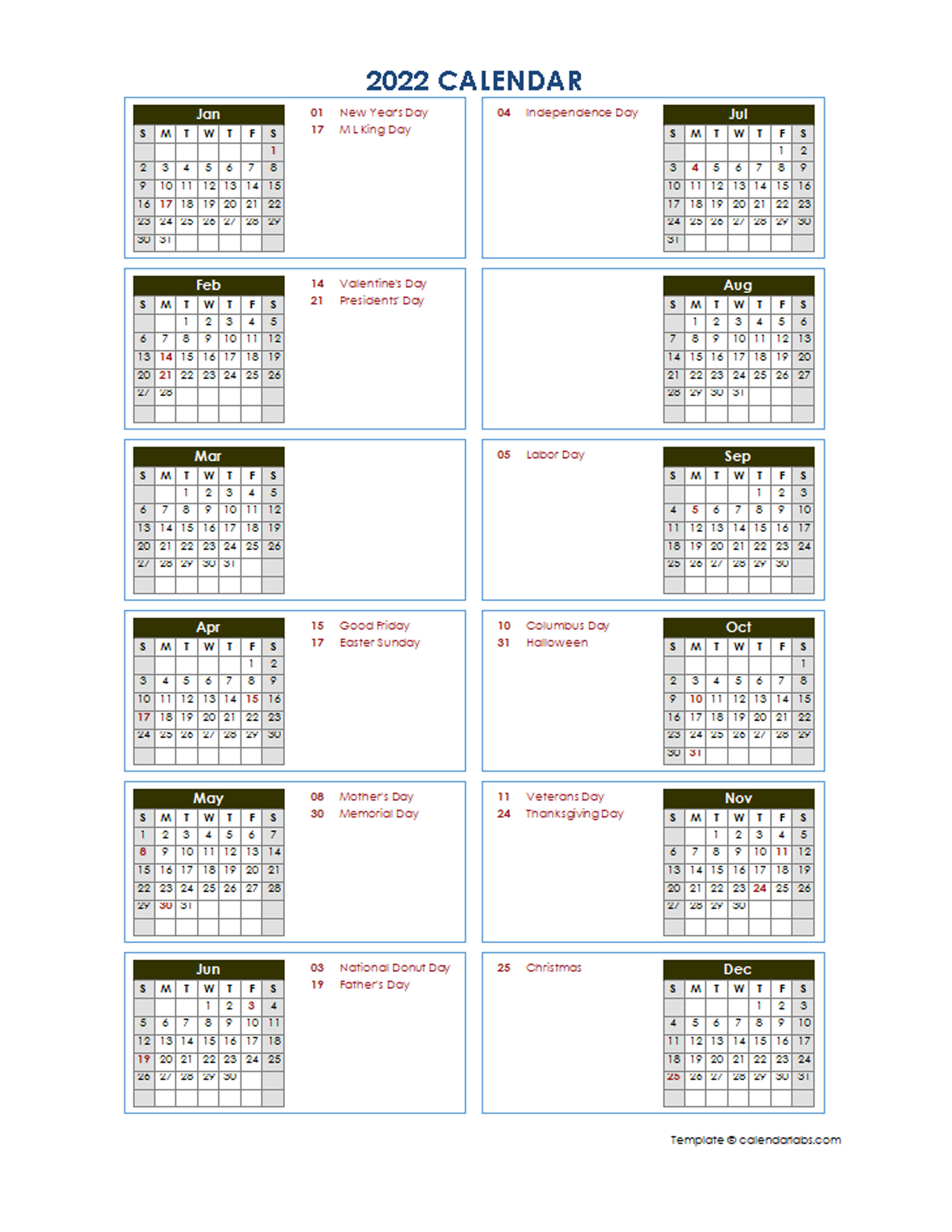 2022 calendar template indesign