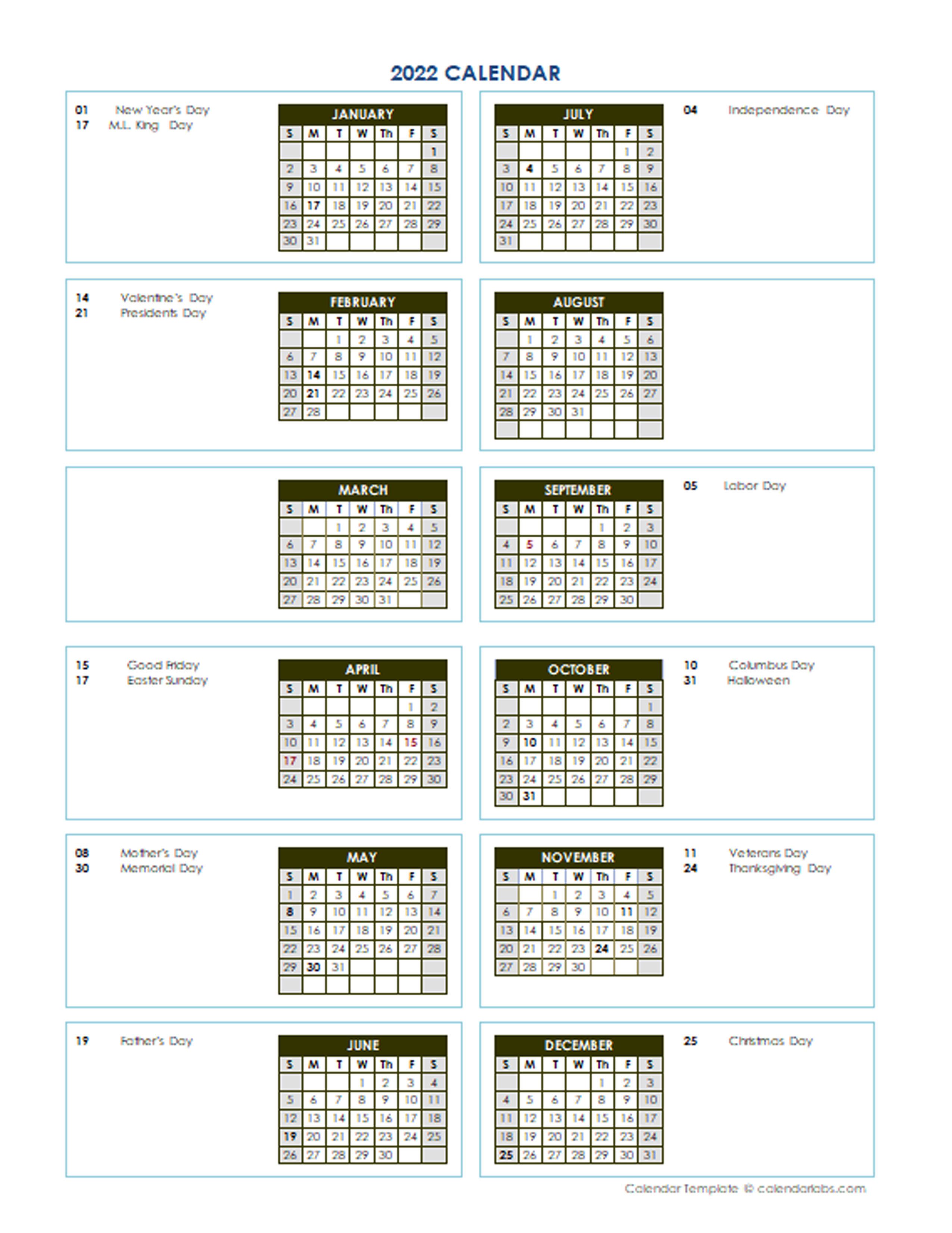 2022 annual calendar vertical template free printable templates