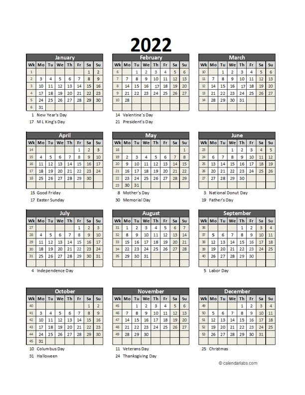 Editable 2022 Yearly Spreadsheet Calendar - Free Printable Templates