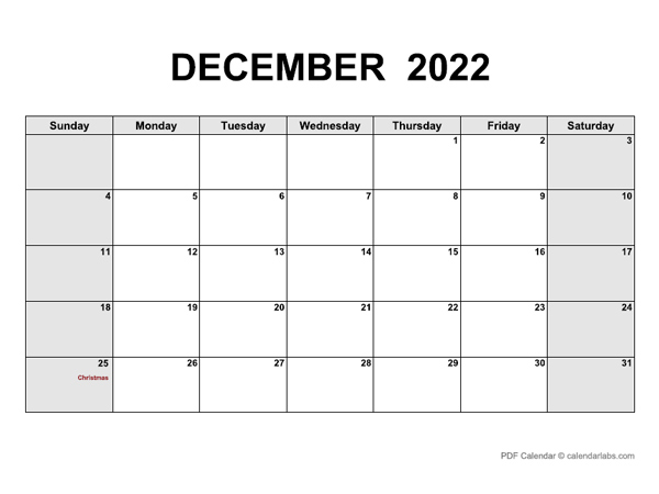 December 2022 Calendar with Holidays | CalendarLabs
